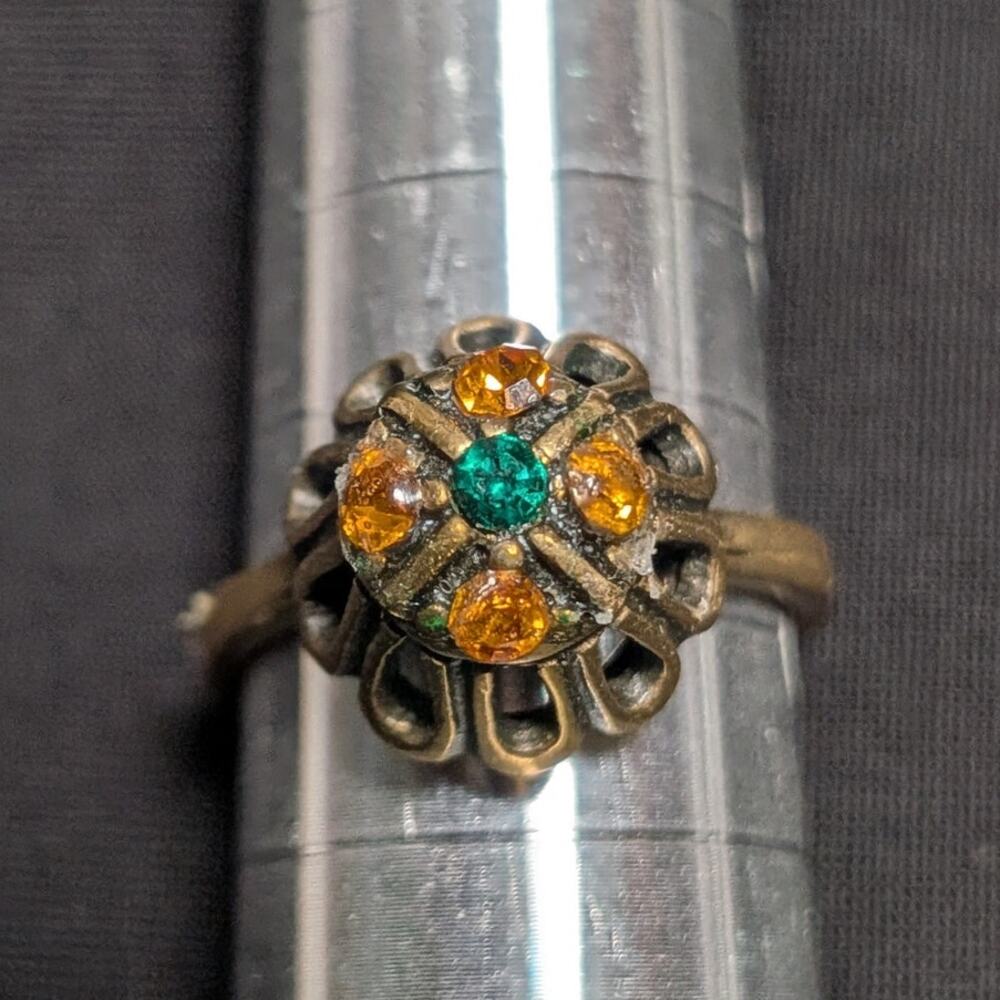 HMS Ring Women 6 Gold Tone 18K HGE Green & Orange Floral Cluster Vintage READ